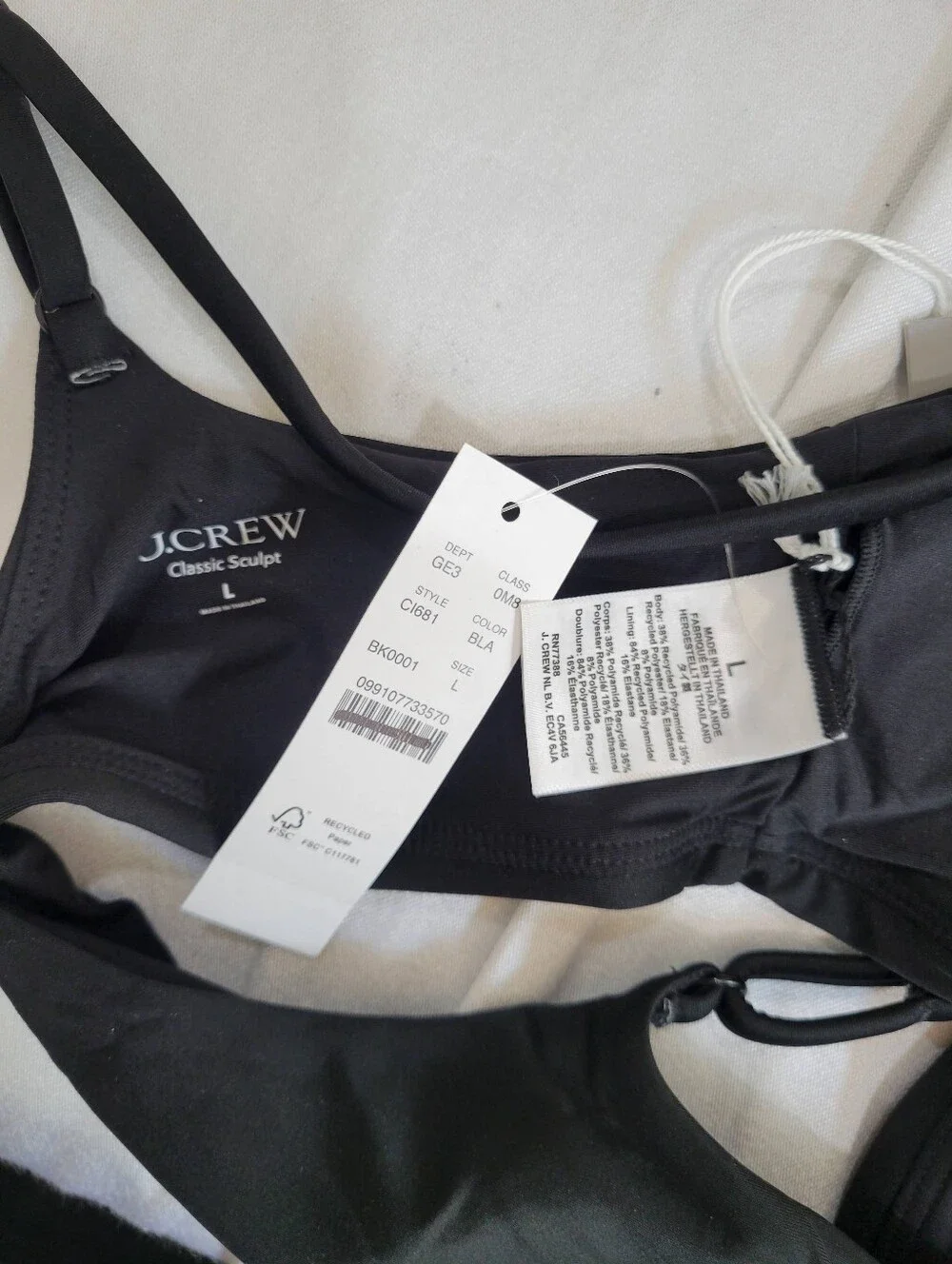 J Crew Lana bikini top in Classic Sculpt™ CI681 Size L Black NEW!